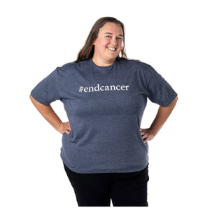 MD Anderson employee wearing a heather navy shirt featuring the hashtag #endcancer phrase on the chest area.