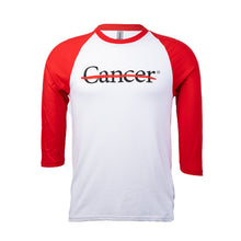 Raglan shirt with red sleeves featuring the black cancer strikethrough logo on the chest area.
