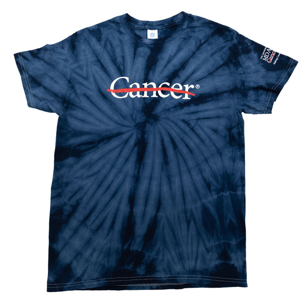 Navy tie-dye shirt featuring the white cancer strikethrough logo on the chest and the white MD Anderson logo on the sleeve.