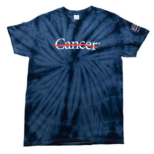 Blue tie-dye shirt featuring the white cancer strikethrough logo on the chest and the white MD Anderson logo on the sleeve.