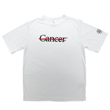 White dri-fit shirt with the black cancer strikethrough logo on the front and the full black MD Anderson logo on the sleeve