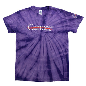 Purple tie-dye shirt featuring the white cancer strikethrough logo on the chest and the white MD Anderson logo on the sleeve.
