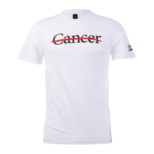 White shirt featuring the black cancer strikethrough logo on the chest and the black UT MD Anderson logo on the sleeve.