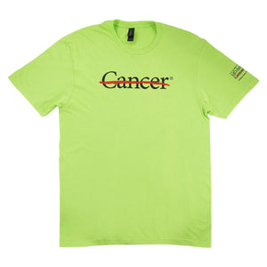 Lime shirt featuring the black cancer strikethrough logo on the chest and the black MD Anderson logo on the sleeve.