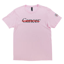 Pink shirt featuring the black cancer strikethrough logo on the chest and the black MD Anderson logo on the sleeve.