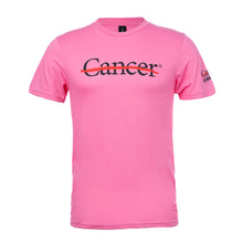 Pink shirt featuring the black cancer strikethrough logo on the chest and the black UT MD Anderson logo on the sleeve.