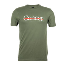 Military green shirt featuring the white cancer strikethrough logo on the chest and the white MD Anderson logo on the sleeve.