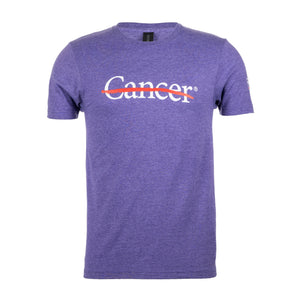 Heather purple shirt featuring the white cancer strikethrough logo on the chest and the white MD Anderson logo on the sleeve.