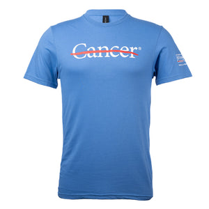 Light blue shirt featuring the white cancer strikethrough logo on the chest and the white MD Anderson logo on the sleeve.