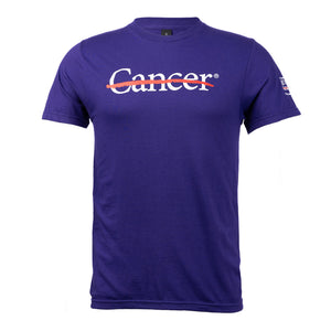 Purple shirt featuring the white cancer strikethrough logo on the chest and the white MD Anderson logo on the sleeve.