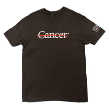 Brown shirt featuring the white cancer strikethrough logo on the chest and the white MD Anderson logo on the sleeve.