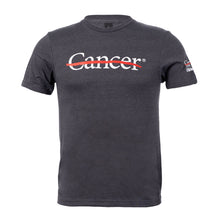 Dark heather gray shirt featuring the white cancer strikethrough logo on the chest and the white UT MD Anderson logo on the sleeve.