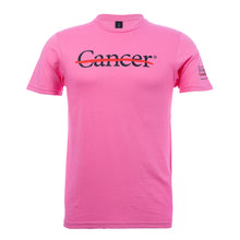 Pink shirt featuring the black cancer strikethrough logo on the chest and the black MD Anderson logo on the sleeve.