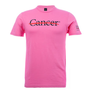 Pink shirt featuring the black cancer strikethrough logo on the chest and the black MD Anderson logo on the sleeve.