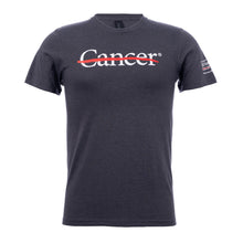 Dark heather gray shirt featuring the white cancer strikethrough logo on the chest and the white MD Anderson logo on the sleeve.