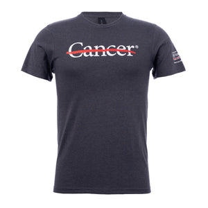 Dark heather gray shirt featuring the white cancer strikethrough logo on the chest and the white MD Anderson logo on the sleeve.