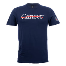 Navy blue shirt featuring the white cancer strikethrough logo on the chest and the white MD Anderson logo on the sleeve.