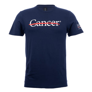 Navy blue shirt featuring the white cancer strikethrough logo on the chest and the white MD Anderson logo on the sleeve.