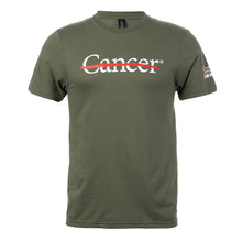 Military green shirt featuring the white cancer strikethrough logo on the chest and the white UT MD Anderson logo on the sleeve.