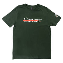 Green shirt featuring the white cancer strikethrough logo on the chest and the white MD Anderson logo on the sleeve.