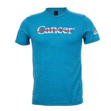 Bright blue shirt featuring the white cancer strikethrough logo on the chest and the white UT MD Anderson logo on the sleeve.