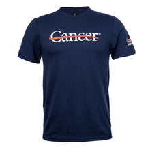 Navy blue shirt featuring the white cancer strikethrough logo on the chest and the white UT MD Anderson logo on the sleeve.