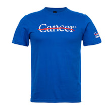 Royal blue shirt featuring the white cancer strikethrough logo on the chest and the white UT MD Anderson logo on the sleeve.