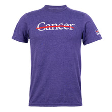Heather purple shirt featuring the white cancer strikethrough logo on the chest and the white UT MD Anderson logo on the sleeve.
