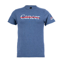 Heather indigo shirt featuring the white cancer strikethrough logo on the chest and the white UT MD Anderson logo on the sleeve.