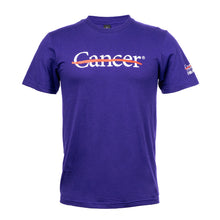 Purple shirt featuring the white cancer strikethrough logo on the chest and the white UT MD Anderson logo on the sleeve.