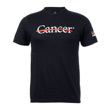 Black shirt featuring the white cancer strikethrough logo on the chest and the white UT MD Anderson logo on the sleeve.
