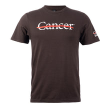 Brown shirt featuring the white cancer strikethrough logo on the chest and the white UT MD Anderson logo on the sleeve.