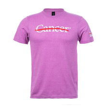 Heather pink shirt featuring the white cancer strikethrough logo on the chest and the white UT MD Anderson logo on the sleeve.