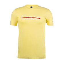 Cornsilk yellow shirt featuring the white cancer strikethrough logo on the chest and the white MD Anderson logo on the sleeve.