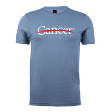 Stone blue shirt featuring the white cancer strikethrough logo on the chest and the white MD Anderson logo on the sleeve.