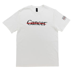 White shirt featuring the black cancer strikethrough logo on the chest and the black MD Anderson logo on the sleeve.