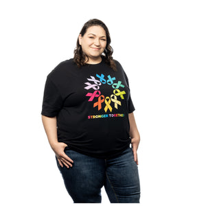 MD Anderson employee wearing a black t-shirt adorned with colorful cancer ribbons forming a circle and the phrase 'Stronger Together' in various colors, with the white MD Anderson logo featured on the sleeve,