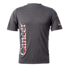 Strikethrough V Tee in Dark Gray Heather featuring the vertical white strikethrough logo along the side and the full UT MD Anderson logo on the sleeve.