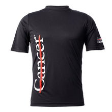 Strikethrough V Tee in Black Heather featuring the vertical white strikethrough logo along the side and the full white UT MD Anderson logo on the sleeve.