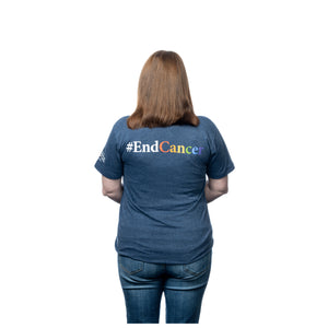 MD Anderson employee wearing the back of the blue denim shirt with the word "#EndCancer" in white and rainbow colors.