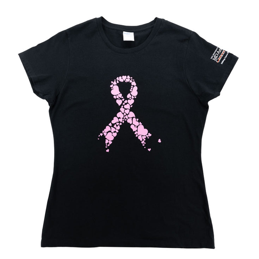 Black shirt with a pink cancer ribbon made of hearts on the chest, featuring the white MD Anderson logo on the sleeve.