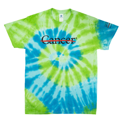 Green and Blue Tie-Dye shirt featuring the black cancer strikethrough logo on the chest and the black MD Anderson logo on the sleeve.