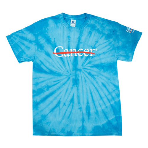 Turquoise Tie-Dye shirt featuring the white cancer strikethrough logo on the chest and the full white MD Anderson logo on the sleeve.
