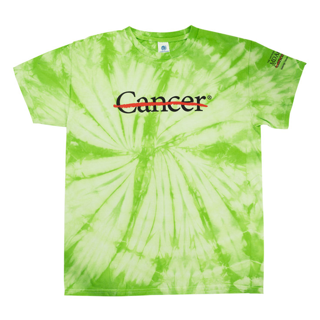 Lime Tie-Dye shirt featuring the black cancer strikethrough logo on the chest and the full black MD Anderson logo on the sleeve.