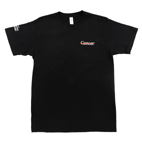 Black t-shirt featuring the small white cancer strikethrough logo on the chest and the full white MD Anderson logo on the sleeve.