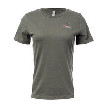 Military green BELLA+CANVAS shirt featuring the white cancer strikethrough logo on the left upper chest area.