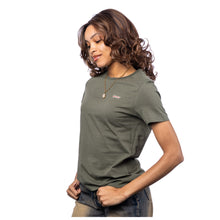 MD Anderson employee wearing a military green BELLA+CANVAS shirt featuring the white cancer strikethrough logo on the left upper chest area.