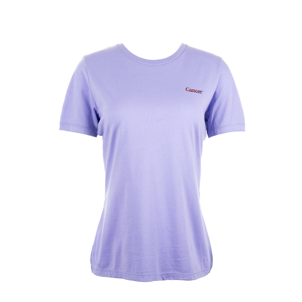 Lavender BELLA+CANVAS shirt featuring the black cancer strikethrough logo on the left upper chest area.
