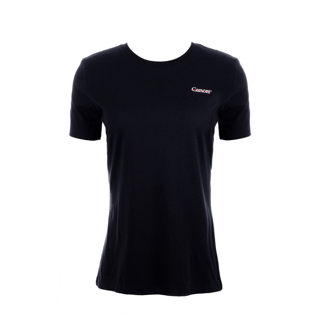 Black BELLA+CANVAS shirt featuring the white cancer strikethrough logo on the left upper chest area.
