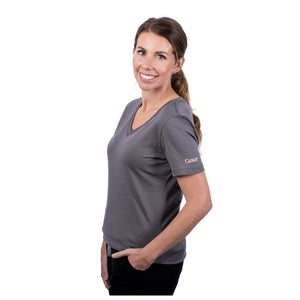 MD Anderson employee wearing a gray BELLA+CANVAS v-neck shirt featuring the white cancer strikethrough logo on the sleeve.